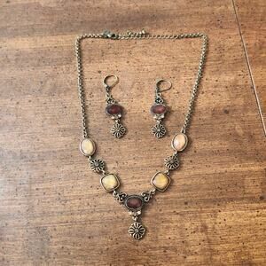 Lia Sophia Toffee Necklace Earring Set Brown Acrylic Rhinestone Floral Gold Tone